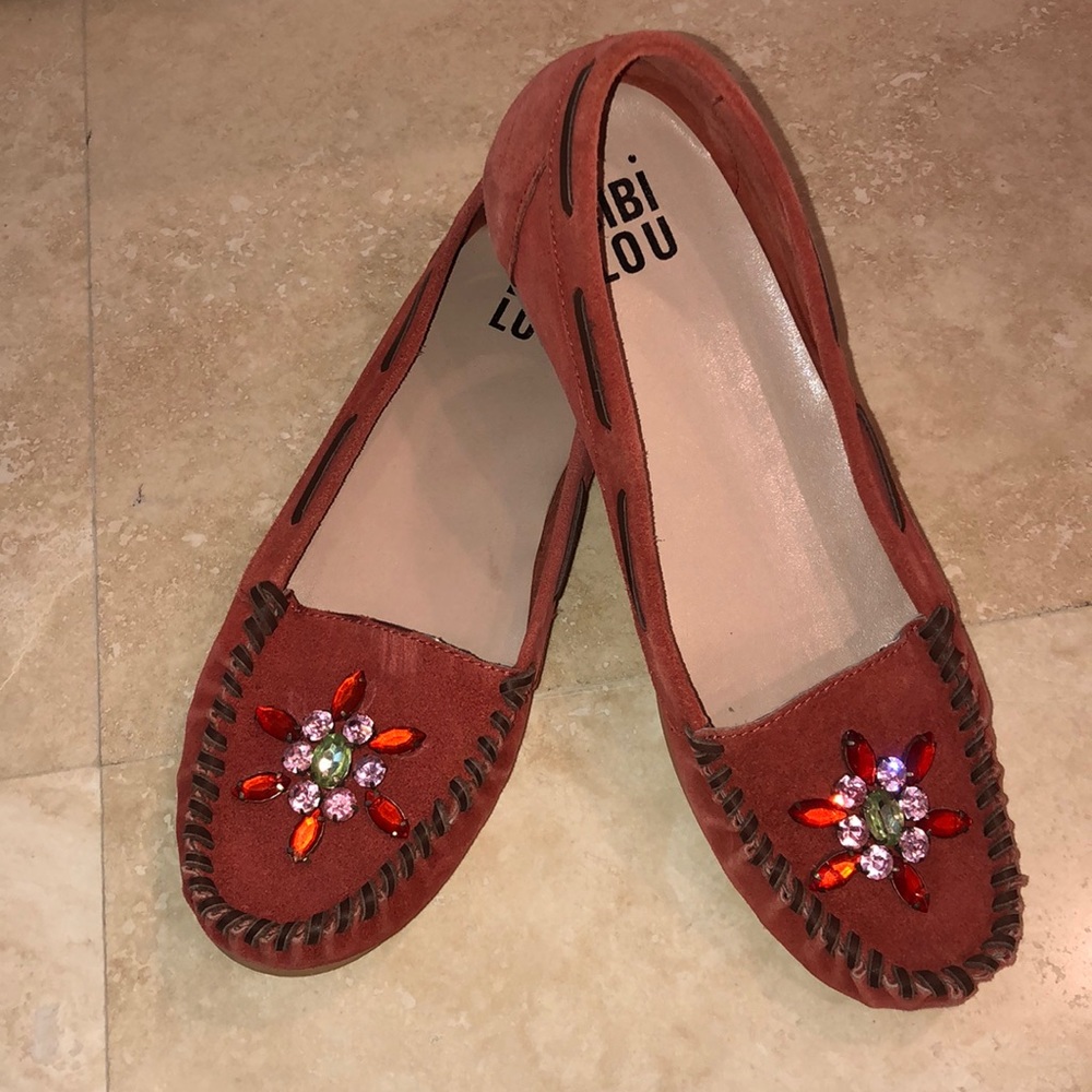 Bibi Lou pumpkin suede jeweled loafers, 7.5 (38)